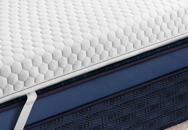 Brooklyn Bedding microcoil mattress topper layered on navy blue Signature mattress for enhanced support and comfort for The Mattress Shop, showcasing product thumbnail image for Brooklyn Bedding Microcoil Mattress Topper on the product page.
