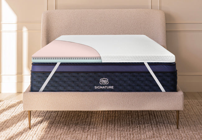 Brooklyn Bedding microcoil mattress topper on Signature mattress cutaway view showing comfort layers for deeper sleep for The Mattress Shop, showcasing product image for Brooklyn Bedding Microcoil Mattress Topper on the product page.