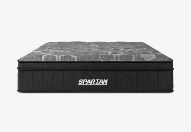 Brooklyn Bedding Spartan mattress front product view with black hexagon quilted pillow top and ribbed sides. for The Mattress Shop, showcasing product thumbnail image for Brooklyn Bedding Spartan on the product page.