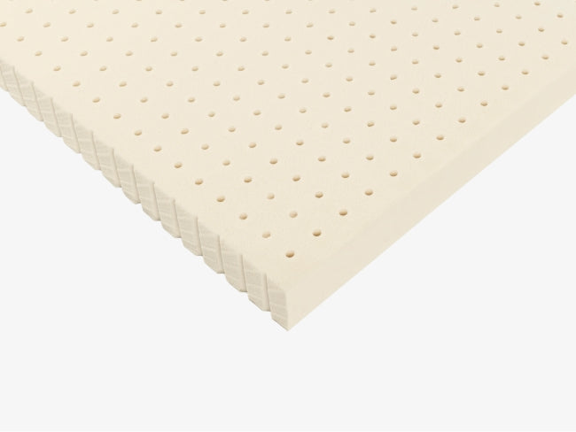 Brooklyn Bedding Talalay latex mattress topper angled corner view showing pinhole aeration and thickness for The Mattress Shop, showcasing product thumbnail image for Brooklyn Bedding Latex Topper on the product page.