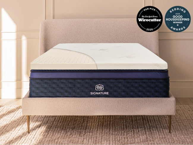 Brooklyn Bedding Talalay latex mattress topper on Signature mattress, Wirecutter pick and Good Housekeeping winner for The Mattress Shop, showcasing product thumbnail image for Brooklyn Bedding Latex Topper on the product page.