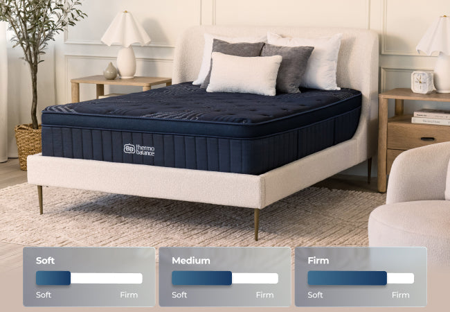 Brooklyn Bedding ThermoBalance mattress available in soft, medium, and firm in neutral styled bedroom. for The Mattress Shop, showcasing product image for Brooklyn Bedding ThermoBalance on the product page.
