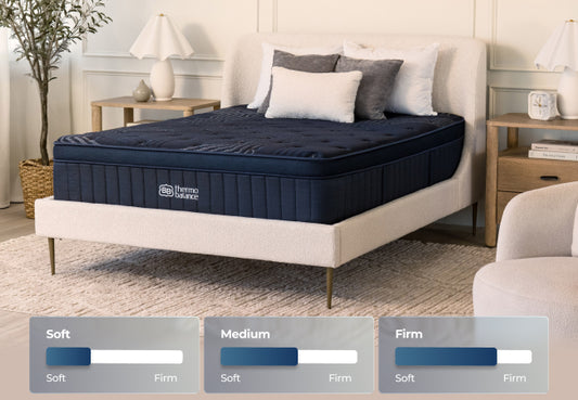 Brooklyn Bedding ThermoBalance mattress available in soft, medium, and firm in neutral styled bedroom. for The Mattress Shop, showcasing product image for Brooklyn Bedding ThermoBalance on the collection page.