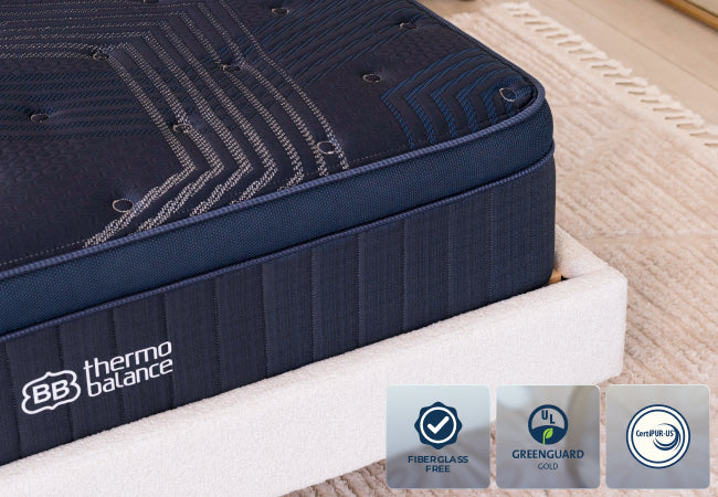 Brooklyn Bedding ThermoBalance mattress fiberglass free, GREENGUARD Gold, and CertiPUR-US certified. for The Mattress Shop, showcasing product image for Brooklyn Bedding ThermoBalance on the product page.