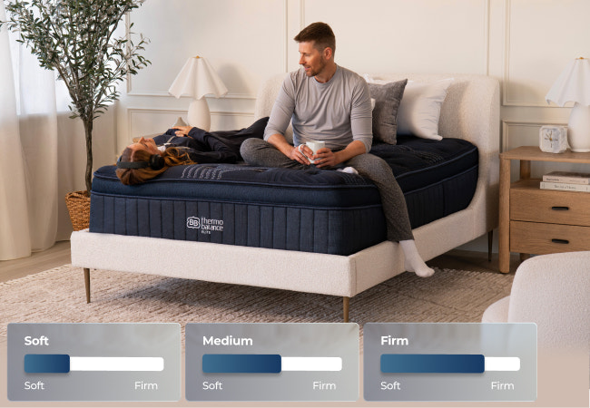 Brooklyn Bedding ThermoBalance Elite mattress available in soft, medium, and firm, man relaxing on bed. for The Mattress Shop, showcasing product image Brooklyn Bedding ThermoBalance Elite on the page: Best Luxury Mattresses page.