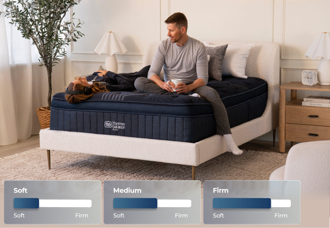 Brooklyn Bedding ThermoBalance Elite mattress available in soft, medium, and firm, man relaxing on bed. for The Mattress Shop, showcasing product thumbnail image for Brooklyn Bedding ThermoBalance Elite on the product page.