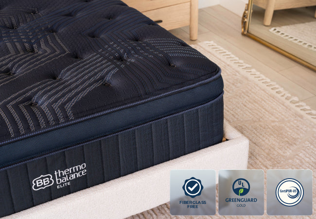 Brooklyn Bedding ThermoBalance Elite mattress fiberglass free, GREENGUARD Gold, and CertiPUR-US certified. for The Mattress Shop, showcasing product image for Brooklyn Bedding ThermoBalance Elite on the product page.