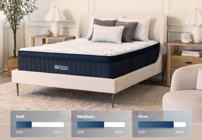 Brooklyn Bedding ThermoBalance LX mattress available in soft, medium, and firm in styled bedroom for The Mattress Shop, showcasing product thumbnail image for Brooklyn Bedding ThermoBalance LX on the product page.