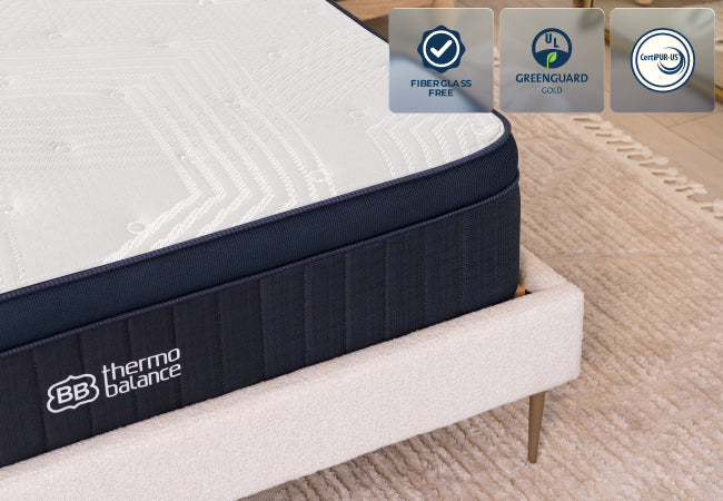 Brooklyn Bedding ThermoBalance LX mattress fiberglass free, GREENGUARD Gold, and CertiPUR-US certified for The Mattress Shop, showcasing product image for Brooklyn Bedding ThermoBalance LX on the product page.