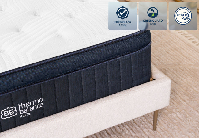 Brooklyn Bedding ThermoBalance LX Elite mattress fiberglass free, GREENGUARD Gold, and CertiPUR-US certified for The Mattress Shop, showcasing product image for Brooklyn Bedding ThermoBalance LX Elite on the product page.