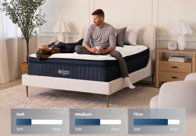 Brooklyn Bedding ThermoBalance LX Elite mattress soft, medium, and firm options, couple relaxing on bed for The Mattress Shop, showcasing product thumbnail image for Brooklyn Bedding ThermoBalance LX Elite on the product page.