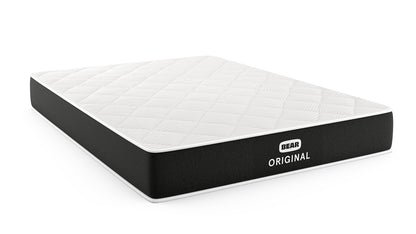 Bear Original mattress angled view showing white diamond-quilted top and black ribbed foundation