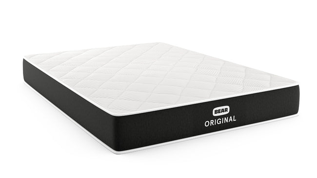 Bear Original mattress angled view showing white diamond-quilted top and black ribbed foundation for The Mattress Shop, showcasing product thumbnail image for Bear Original on the product page.
