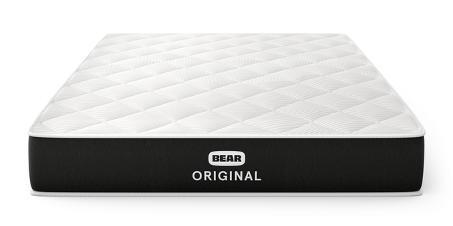 Bear Original mattress three-quarter front view with white quilted top and charcoal foundation for The Mattress Shop, showcasing product image Bear Original on the page: Best Memory Foam Mattresses page.
