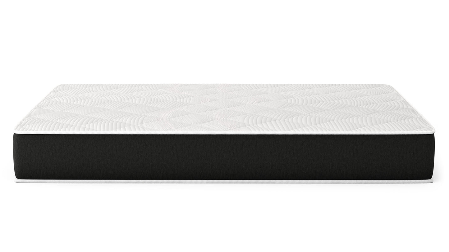 Bear Original mattress full side view with white wave-pattern cover and charcoal base on white background for The Mattress Shop, showcasing product image for Bear Original on the product page.