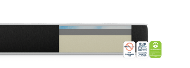 Bear Original mattress cross-section with fiberglass-free, Arizona factory, and GREENGUARD Gold badges for The Mattress Shop, showcasing product image Bear Original on the page: Best Memory Foam Mattresses page.