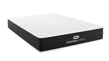 Bear Original Hybrid mattress angled view showing white diamond-quilted cover and black layered base