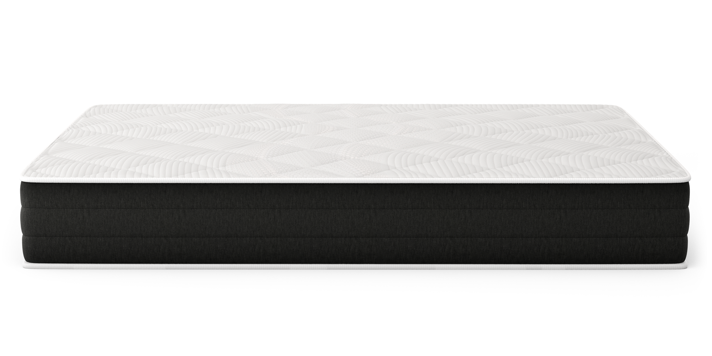 Bear Original Hybrid mattress full side view with white wave-pattern cover and black foundation on white for The Mattress Shop, showcasing product image for Bear Original Hybrid on the product page.