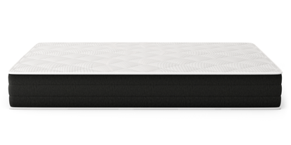 Bear Original Hybrid mattress full side view with white wave-pattern cover and black foundation on white