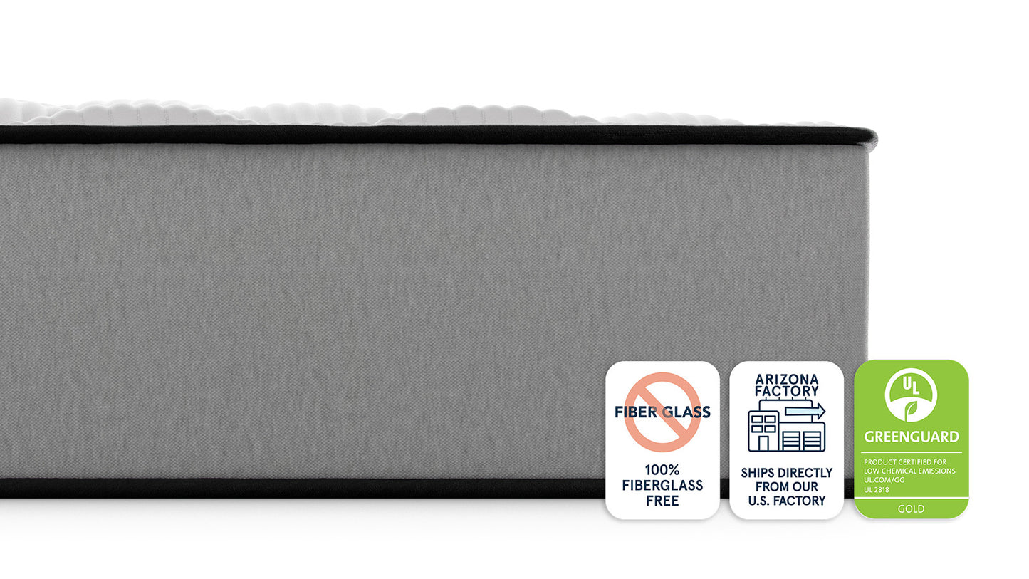 Bear Pro Foam mattress side view with fiberglass-free, Arizona factory, and GREENGUARD Gold badges for The Mattress Shop, showcasing product image for Bear Pro Foam on the product page.