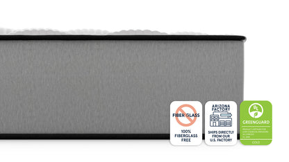 Bear Pro Foam mattress side view with fiberglass-free, Arizona factory, and GREENGUARD Gold badges