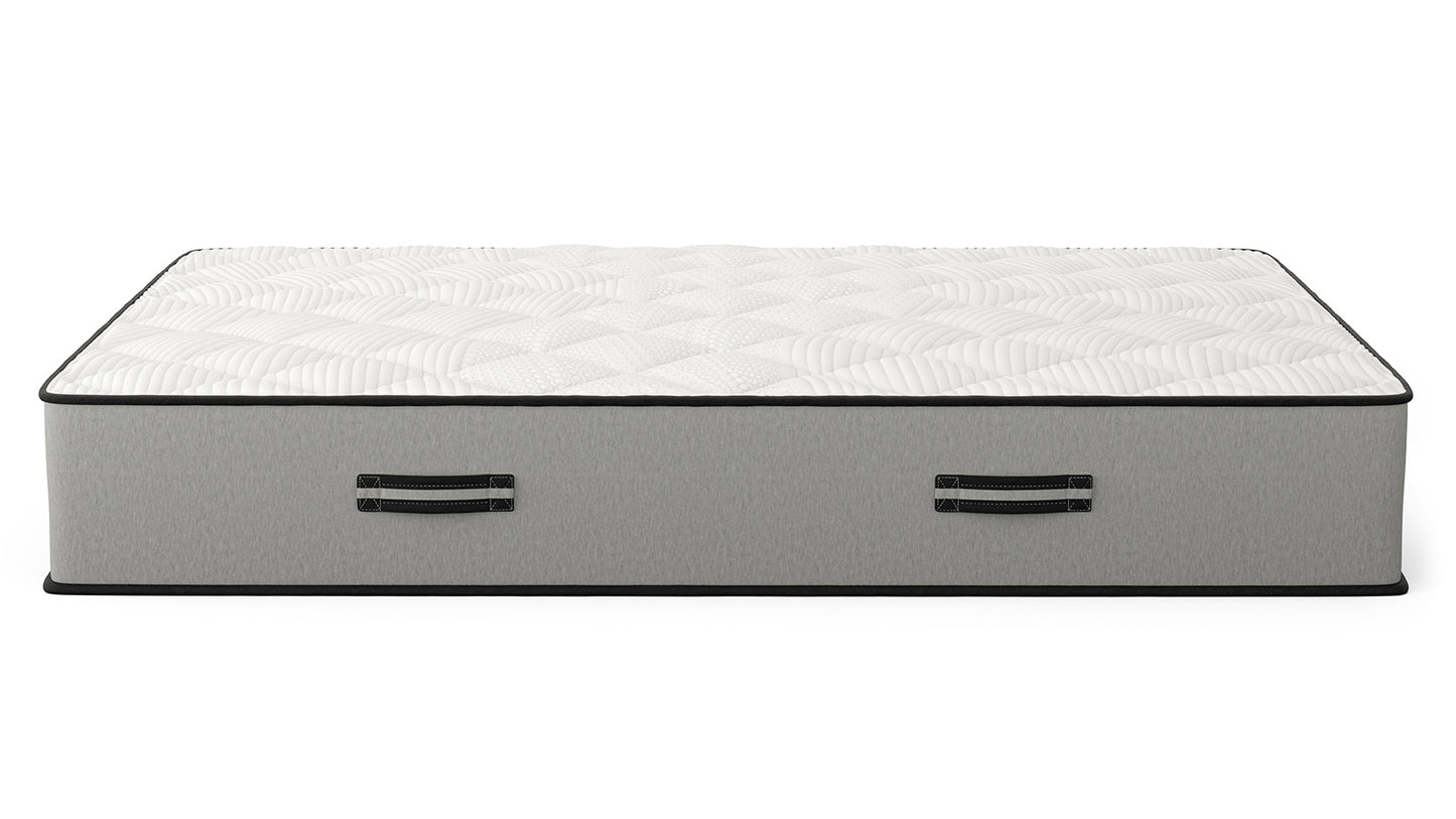 Bear Pro Foam mattress full side view showing gray ribbed base with dual carry handles on white background for The Mattress Shop, showcasing product image for Bear Pro Foam on the product page.