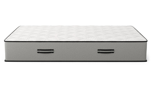 Bear Pro Foam mattress full side view showing gray ribbed base with dual carry handles on white background for The Mattress Shop, showcasing product image for Bear Pro Foam on the collection page.