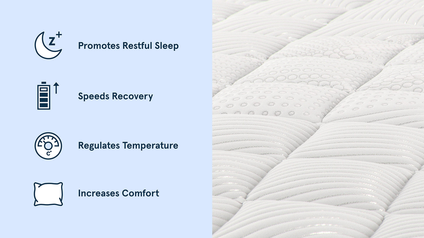 Bear Pro Hybrid Mattress Celliant cover benefits: promotes restful sleep, speeds recovery, regulates temperature for The Mattress Shop, showcasing product image for Bear Pro Hybrid on the product page.