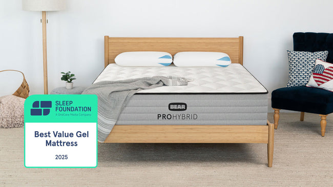 Bear Pro Hybrid Mattress named Sleep Foundation's Best Value Gel Mattress of 2025 in styled bedroom for The Mattress Shop, showcasing product thumbnail image for Bear Pro Hybrid on the product page.