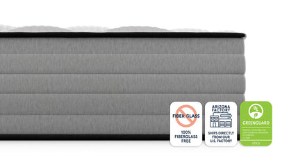 Bear Pro Hybrid Mattress side view with fiberglass-free, Arizona factory, and GREENGUARD Gold badges