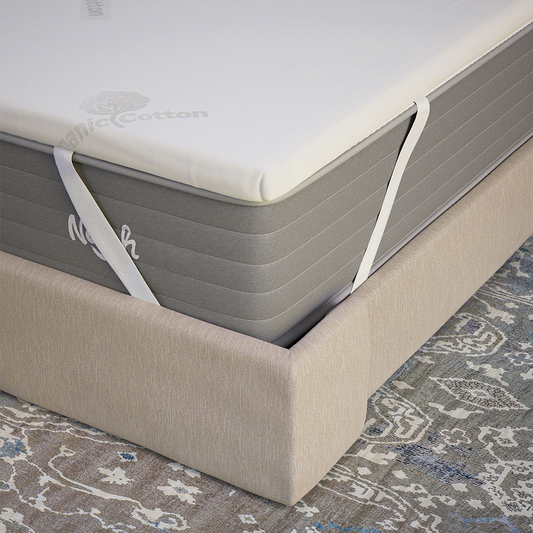 Nolah AirFoam® Luxe Mattress Topper attached to mattress for The Mattress Shop, showcasing product image for Nolah AirFoam™ Luxe Mattress Topper on the collection page.