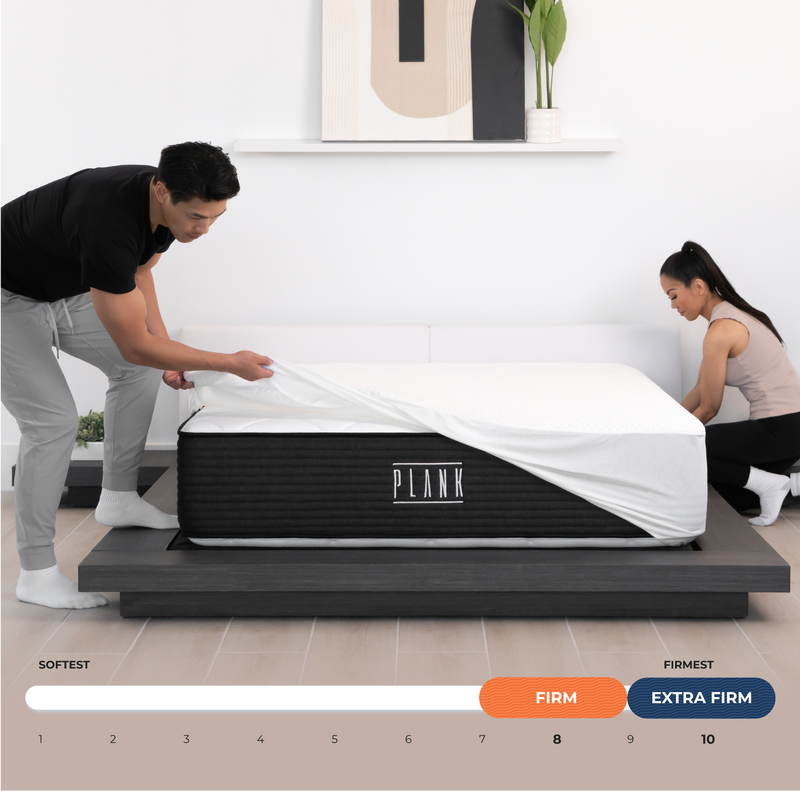 plank luxe lifestyle image with firmness scale showing firm and extra firm