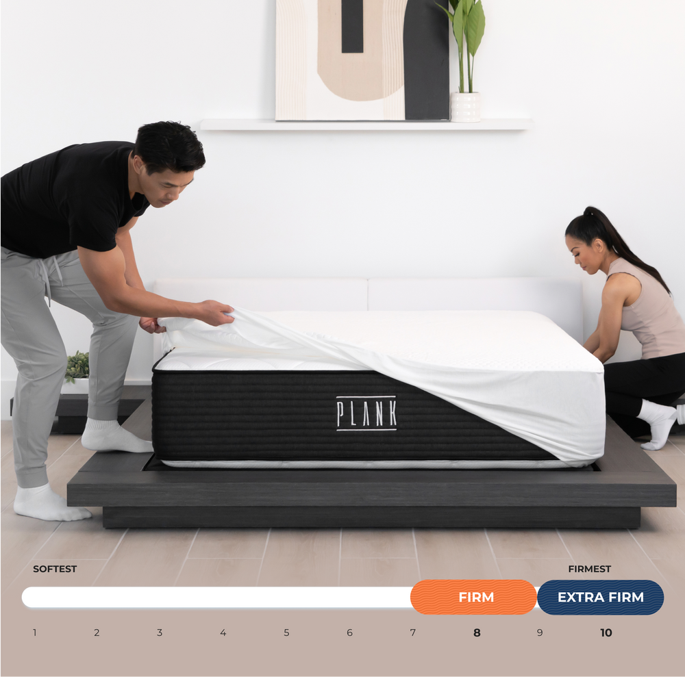 plank luxe lifestyle image with firmness scale showing firm and extra firm
