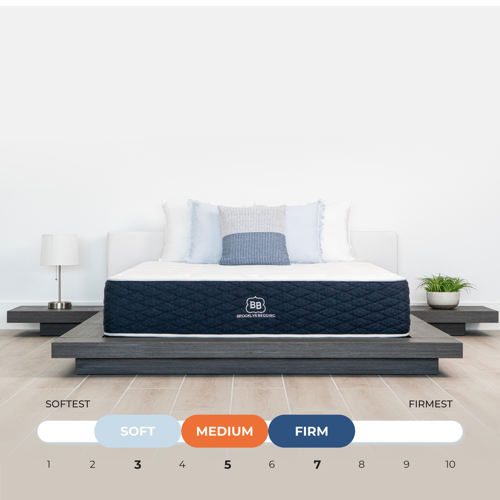 brooklyn bedding signature mattress bedroom scene with firmness graphic below