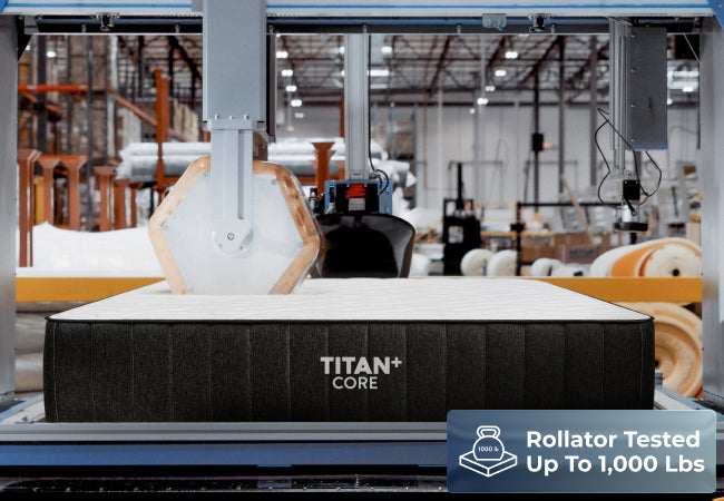 Brooklyn Bedding Titan+ Core mattress undergoing factory rollator test, rated up to 1,000 pounds capacity. for The Mattress Shop, showcasing product thumbnail image for Brooklyn Bedding Titan Plus Core on the product page.