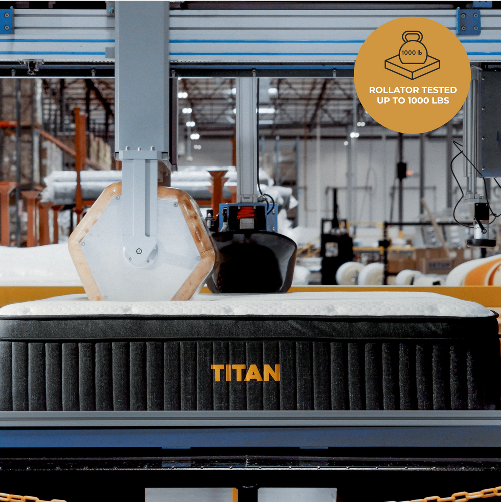 Titan mattress with high durability, rollator-tested to 1000 lbs, designed for robust support and long-lasting comfort.
