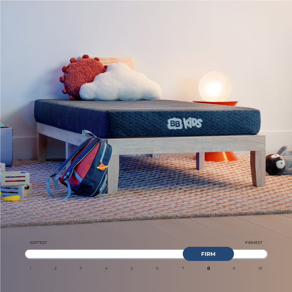 bb kids mattress lifestyle with firmness scale showing firm