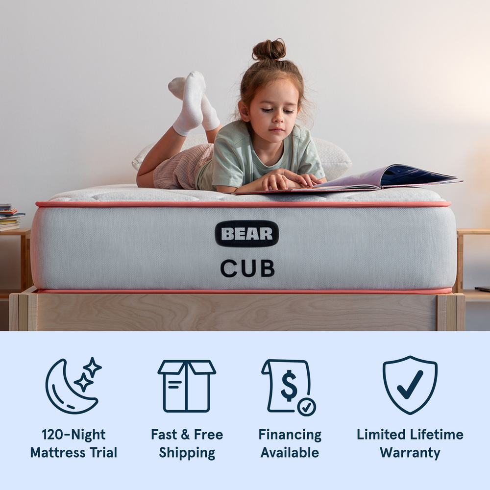 Bear Cub Kids Mattress with 120-night trial, fast & free shipping, financing available, and limited lifetime warranty