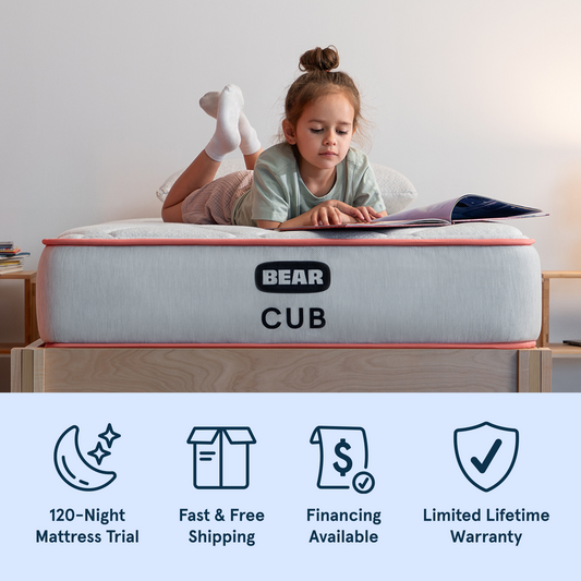 Bear Cub Kids Mattress with 120-night trial, fast & free shipping, financing available, and limited lifetime warranty