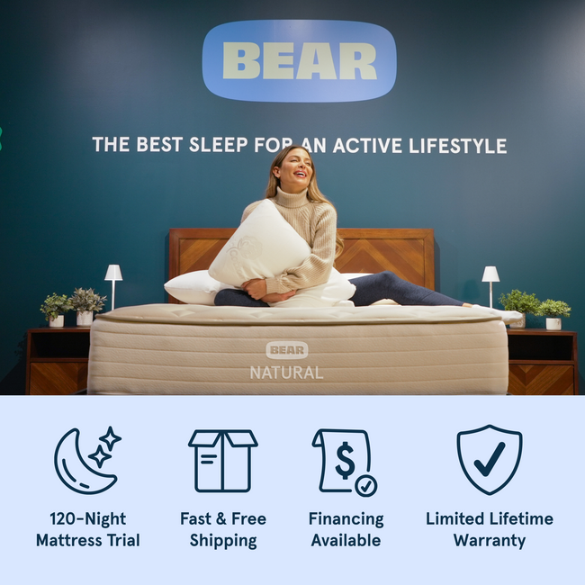 Bear Natural Mattress with 120-night trial, fast & free shipping, financing available, and limited lifetime warranty for The Mattress Shop, showcasing product thumbnail image for Bear Natural on the product page.