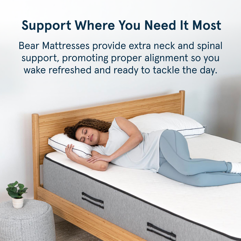 Woman sleeping on a mattress with text about Bear Mattresses providing neck and spinal support.