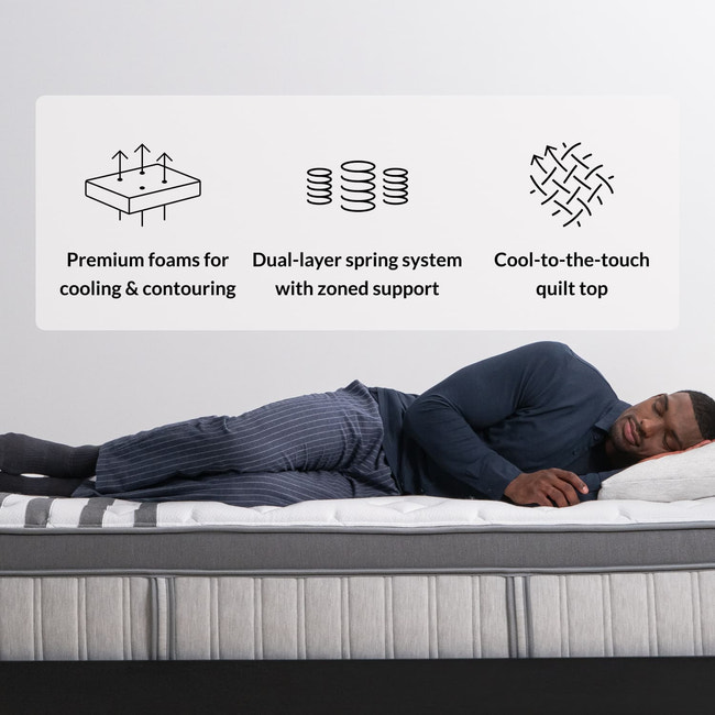 Man on the Leesa Chill Legend Hybrid mattress. for The Mattress Shop, showcasing product image Leesa Legend Chill Hybrid Mattress on the page: Best Luxury Mattresses page.