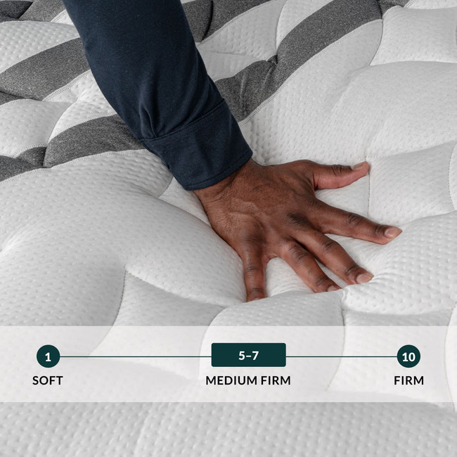 Hand touching the Leesa Legend Chill Hybrid Mattress. for The Mattress Shop, showcasing product image Leesa Legend Chill Hybrid Mattress on the page: Best Luxury Mattresses page.