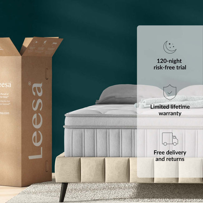 Leesa Chill Oasis mattress showcasing its cooling surface and breathable foam layers for a comfortable sleep experience. for The Mattress Shop, showcasing product thumbnail image for Leesa Oasis Chill Hybrid Mattress on the product page.