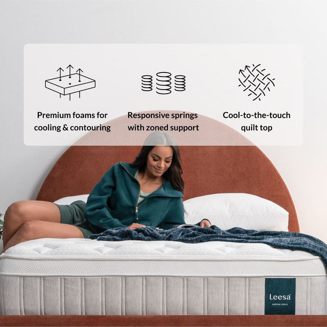 Woman on the Leesa Sapira Chill Hybrid Mattress in a bedroom. for The Mattress Shop, showcasing product image Leesa Sapira Chill Hybrid Mattress on the page: Best Hybrid Mattresses page.