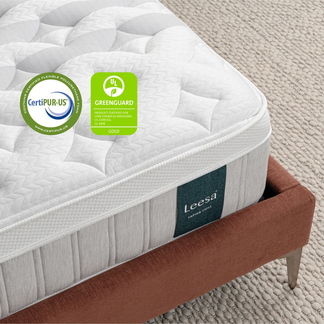 Closeup of the Sapira Chill Hybrid Mattress. for The Mattress Shop, showcasing product image Leesa Sapira Chill Hybrid Mattress on the page: Best Hybrid Mattresses page.