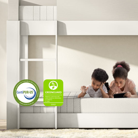 Kids on the Leesa Kids Mattress in a bedroom. for The Mattress Shop, showcasing product image for Leesa Kids Mattress on the collection page.