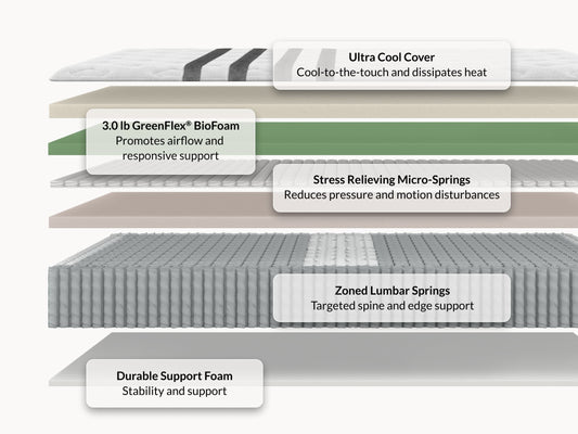 Leesa Legend Chill mattress cross-section showing ultra cool cover, biofoam, micro-springs, and lumbar springs. for The Mattress Shop, showcasing product image for Leesa Legend Chill Hybrid Mattress on the collection page.