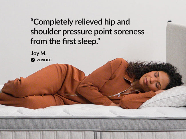 Woman sleeping on Leesa Legend Chill mattress, verified review on relieving hip and shoulder pressure soreness. for The Mattress Shop, showcasing product thumbnail image for Leesa Legend Chill Hybrid Mattress on the product page.