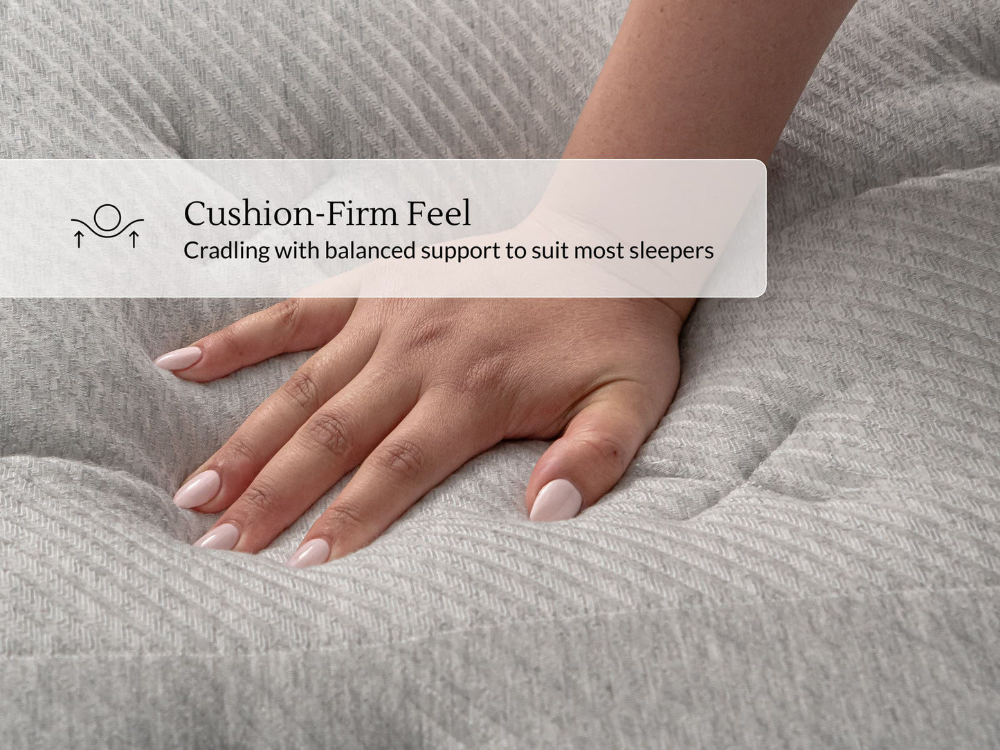 Hand pressing into quilted Leesa Oasis Chill mattress cover, showing cushion-firm cradling support. for The Mattress Shop, showcasing product image for Leesa Oasis Chill Hybrid Mattress on the product page.